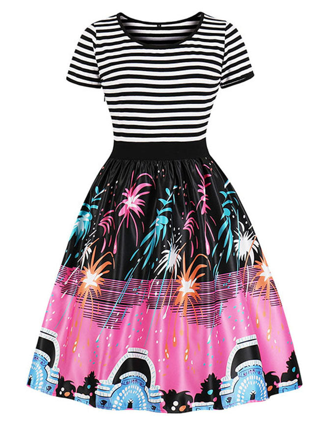 Vintage Retro Round Neck Short Sleeve Stripe Firework Pattern Swing Party Dress Main View