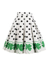 Vintage Retro Casual Knee Length High Waisted A-Line Leaf Polka Dot Print Pleated Flare Skirt
