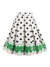 Vintage Retro Casual Knee Length High Waisted A-Line Leaf Polka Dot Print Pleated Flare Skirt