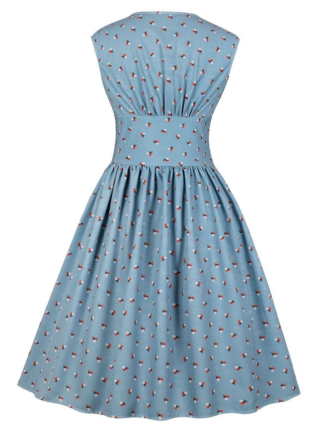 Fit and Flare Floral Buttons Vintage V-Neck Sleeveless Knee Length High Waist Casual Tea Dress Detail View