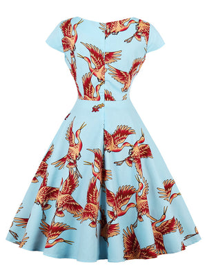 Vintage Cocktail Orange Flamingo Pattern A-Line Knee Length Dress for Women Back View