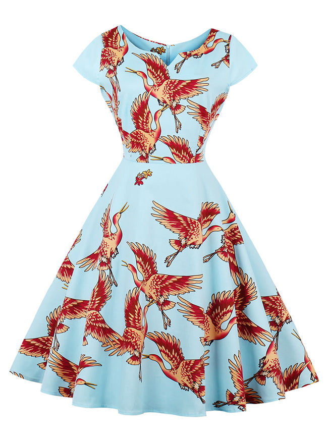 Vintage 1950s Style Flamingo Print Rockabilly Cocktail Dress Main View