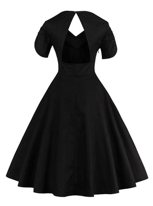 Black Retro Square Neck High Waisted Pin Up Style Halloween Dress for Women Back View