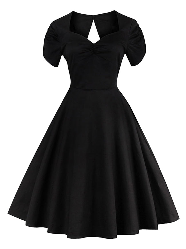 Black Retro Square Neck High Waisted Pin Up Style Halloween Dress for Women Back View