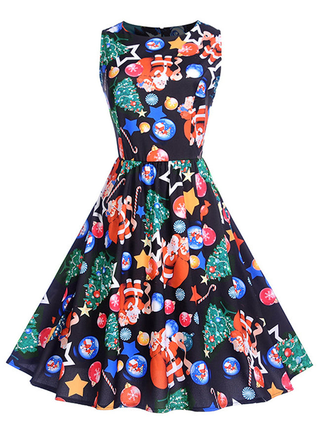 Womens Colorful Sleeveless Pin Up Style Vintage Tea Length Fit and Flare Style Cosplay Dress Outfit Detail View