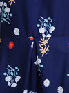 Dark Blue Vintage Style Floral Pattern Pinup Rockabilly Tea Length Dress for Women Juniors Detail View