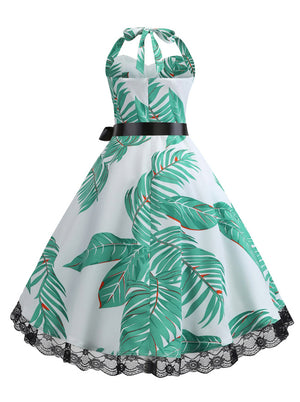 Retro Vintage Rockabilly Leaves Print Lace Swing Halter Dress