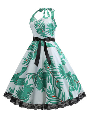 Retro Vintage Rockabilly Leaves Print Lace Swing Halter Dress