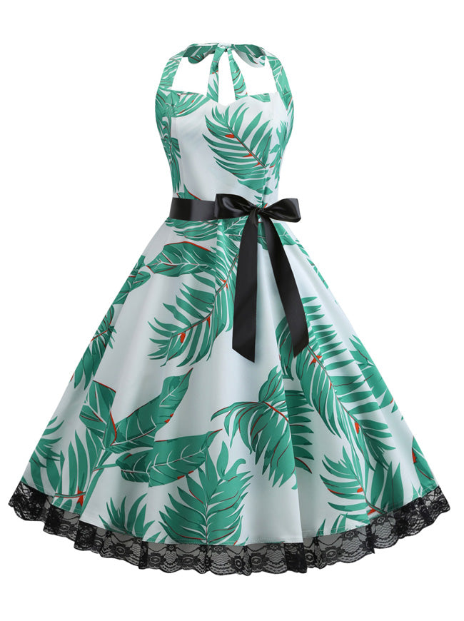 Retro Vintage Rockabilly Leaves Print Lace Swing Halter Dress