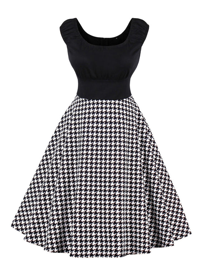 Sleeveless Vintage Patchwork White Houndstooth Cocktail Elegant Tea Party Dress Back View