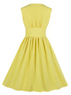 Split Neck Solid Yellow Button 1940s Day 1950s Vintage Tea Dress Detail View