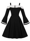 Black White Long Sleeve Juniors Classic 50s Retro Full Circle Flare Homecoming Casual Dress Back View