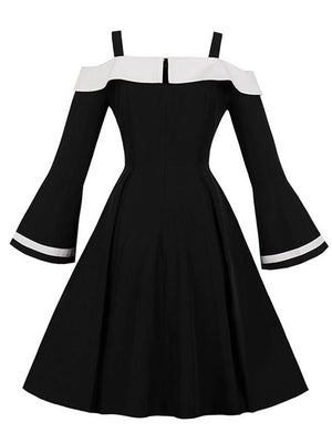 Black White Long Sleeve Juniors Classic 50s Retro Full Circle Flare Homecoming Casual Dress Back View