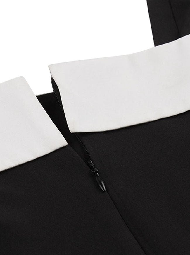 Black and White Elegant Vintage Pin Up Style Color Blocking Fit and Flared Semi Formal Dress for Women Detail View