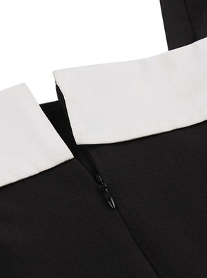 Black and White Elegant Vintage Pin Up Style Color Blocking Fit and Flared Semi Formal Dress for Women Detail View