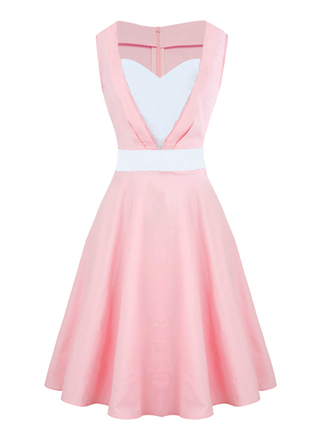 Pink Retro Vintage Short Classic Sleeveless Sweetheart Neck Wedding Guest Midi Dress for Women Detail View