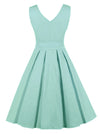 Women Sexy V-Neck Backless Tea Length Pleated Casual Cocktail Party Dress Green Back View