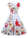 Vintage Cocktail White Red Lily Pattern A-Line Knee Length Dress for Women Back View