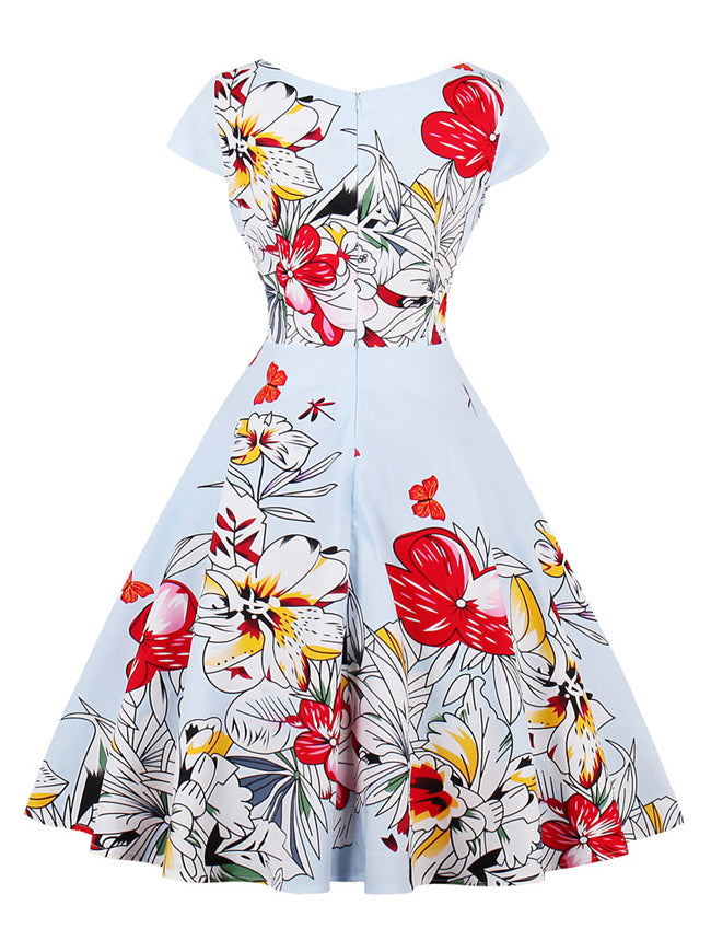 Vintage Cocktail White Red Lily Pattern A-Line Knee Length Dress for Women Back View