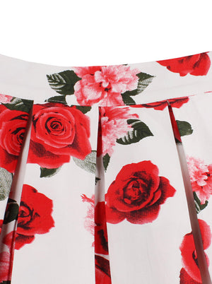 Elegant 50s Style Rose Floral Print Knee Length Pleated Skirt