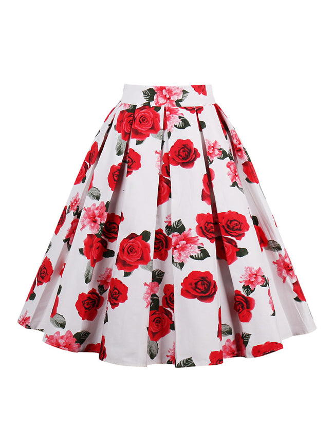 Elegant 50s Style Rose Floral Print Knee Length Pleated Skirt