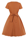 Vintage Round Neck Short Sleeve Women Junior Brown Cocktail Prom Holiday Dress Back View