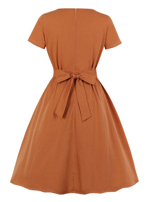 Vintage Round Neck Short Sleeve Women Junior Brown Cocktail Prom Holiday Dress Back View