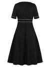 Vintage Style High Waist Women Black Button V-Neck Dress Back View