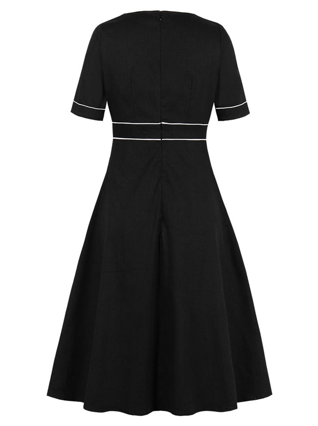 Vintage Style High Waist Women Black Button V-Neck Dress Back View