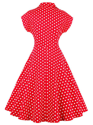 Red White Cap Sleeve Polka Dots Fit and Flared Wedding Guest Knee Length Dress for Women Back View