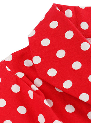 Red Rockabilly Polka Dot Cotton Summer Fit and Flare Knee Length Dress for Women Detail View