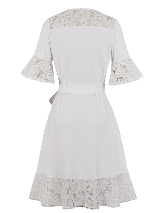 Elegant Lace Floral Cocktail White Half Sleeve V-Neck Lace Cut Out Cocktail Party Dress Back View
