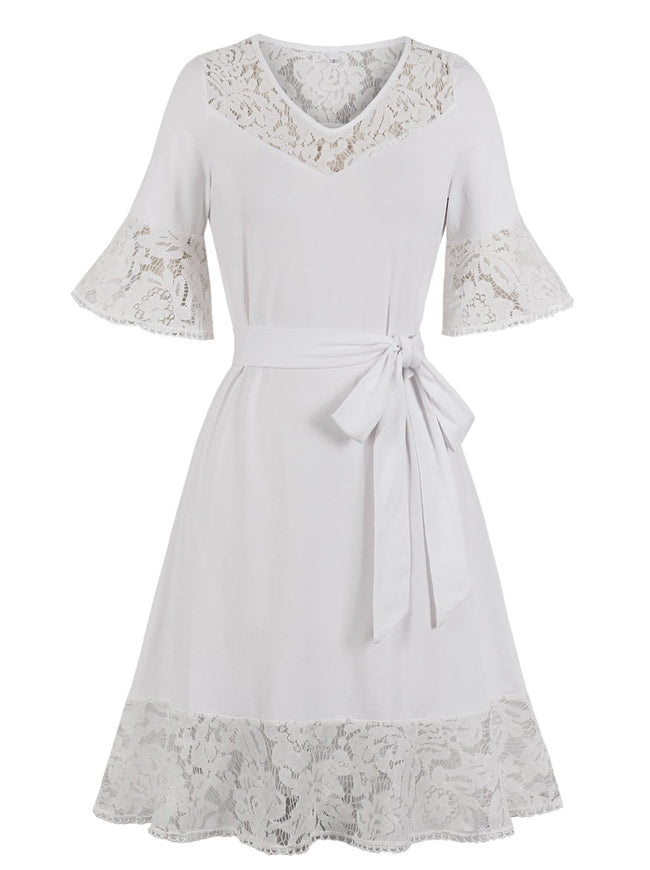 Elegant Lace Floral V-Neck Half Sleeve Cocktail Party Dress