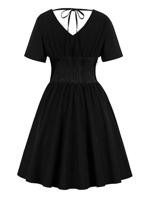 Black Elegant Retro Vintage V-Neck Fit and Flare Formal Bridesmaid Casual Cocktail Dress for Women Back View