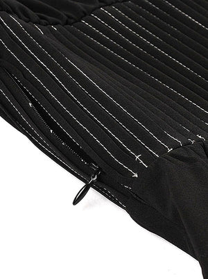 Black V-Neck Rockabilly Fit Flare Stripe Formal Bridesmaid Casual Dating Night Midi Dress Detail View