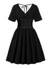 Elegant Vintage Retro Short Sleeves V-Neck Belted Swing Dress Main View