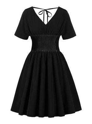 Elegant Vintage Retro Short Sleeves V-Neck Belted Swing Dress Main View
