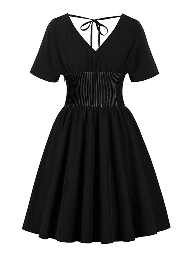 Black V-Neck Rockabilly Fit Flare Stripe Formal Bridesmaid Casual Dating Night Midi Dress Detail View
