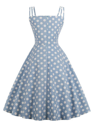 Blue Spaghetti Strap Polka Dot High Waist Knee Length Evening Dress Back View