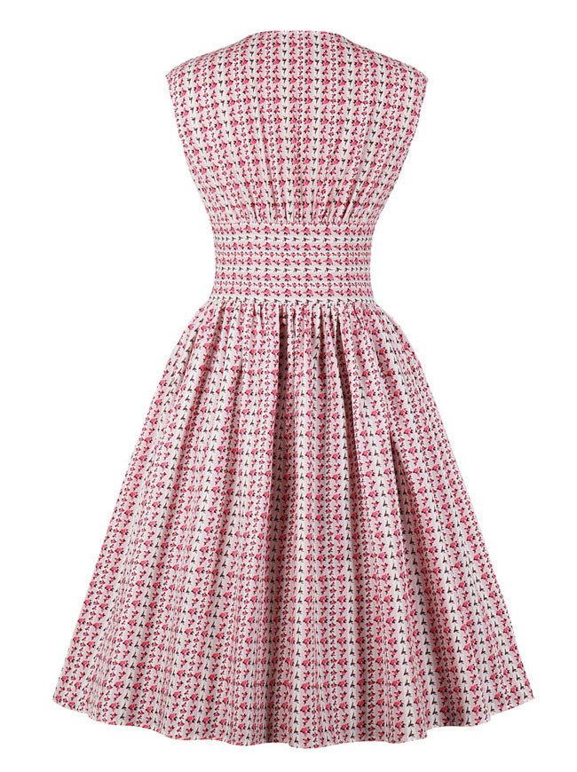 Pink Scratchy Split Neck Floral Button 1940s Day 1950s Vintage Tea Dress Back View