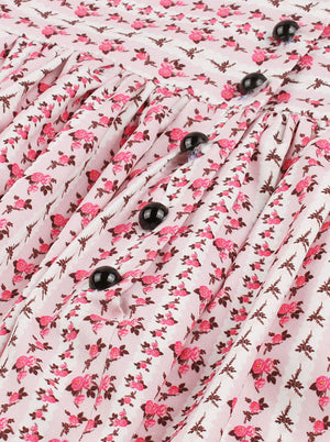 Slim Fit Wedding Vintage Retro Tea Pink Floral Button Up Classic Midi Dress Detail View