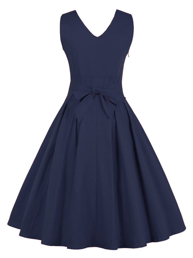Sexy Navy Blue V-Neck Backless Full Circle Flare Skirt Formal Short Dress with Belted Back View
