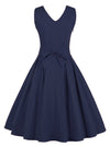 Sexy Navy Blue V-Neck Backless Full Circle Flare Skirt Formal Short Dress with Belted Back View