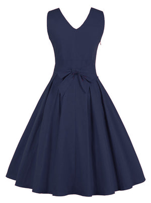 Sexy Navy Blue V-Neck Backless Full Circle Flare Skirt Formal Short Dress with Belted Back View