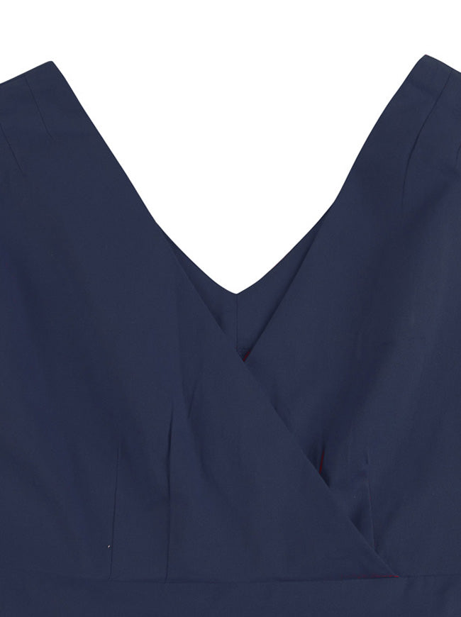 Womens Elegant Deep Wrap V-Neck Sleeveless Wedding Guest Dress Dark Blue Detail View