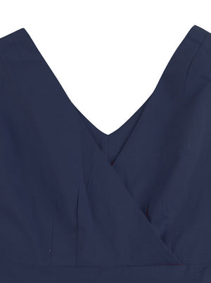 Womens Elegant Deep Wrap V-Neck Sleeveless Wedding Guest Dress Dark Blue Detail View