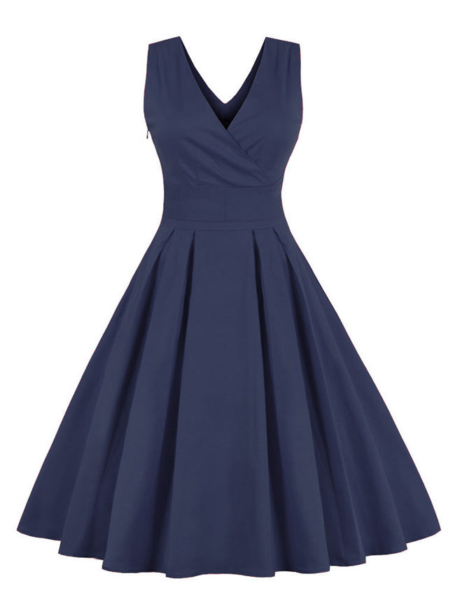 Sexy Navy Blue V-Neck Backless Full Circle Flare Skirt Formal Short Dress with Belted Back View