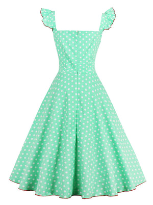 Elegant Ruffle Cap Sleeve Polka Dot Printed Summer Beach Dress for Girl Back View