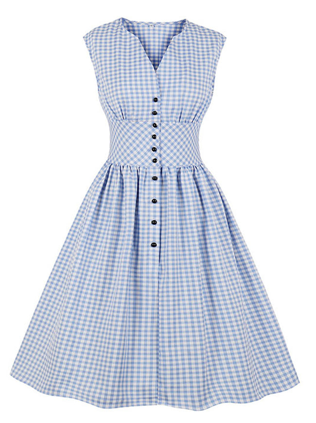 Women's 1950s Vintage Plaid V Neck Sleeveless Swing Tea Dress