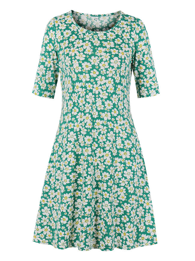 Womens Fashion Spring Summer Casual Short Sleeve Swing Dress with Pockets Front View